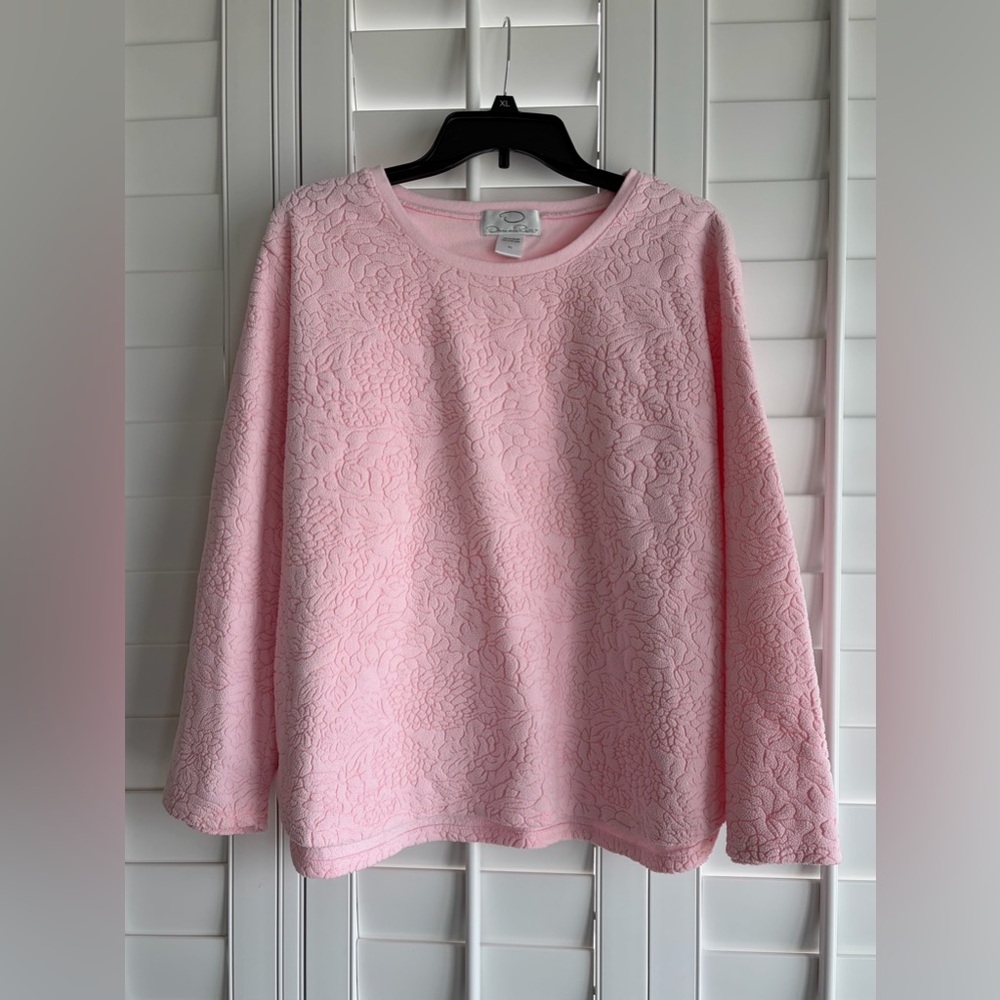 OSCAR DE LA RENTA Pink Floral Textured Fleece Pajama Top Size XL